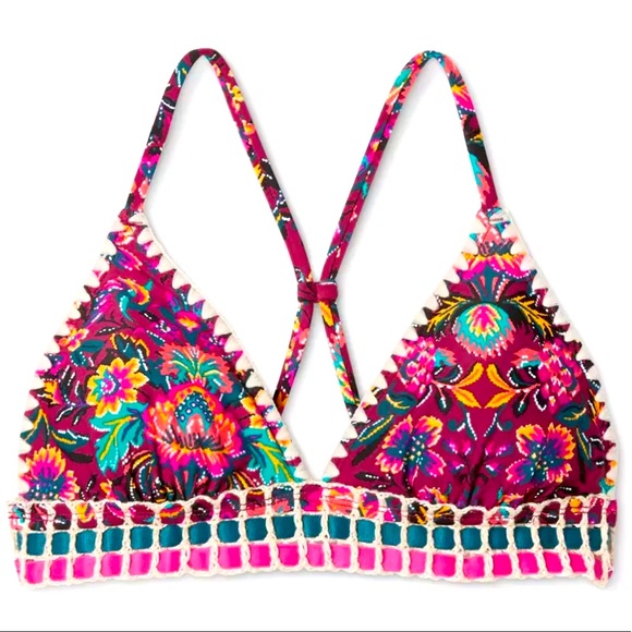 Xhilaration Boho Maroon Sangria Floral Crochet Ribbon Trim Triangle Bikini Top - Picture 2 of 3